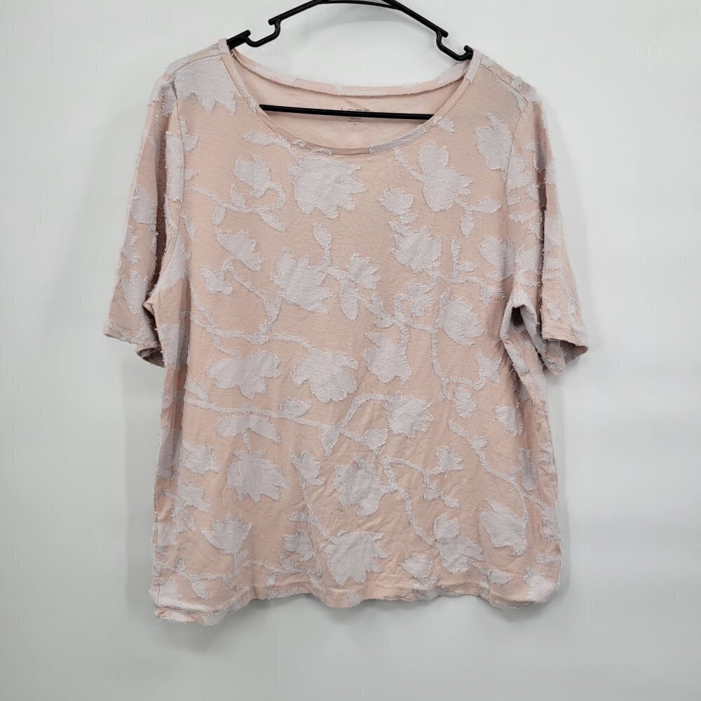 Loft Floral Patch Blouse Knit Short Sleeve Loose Fit Crewneck XL Womens Pink